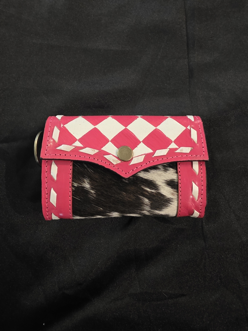 Pink & White Check Leather Key Pouch with Cowhide Accent